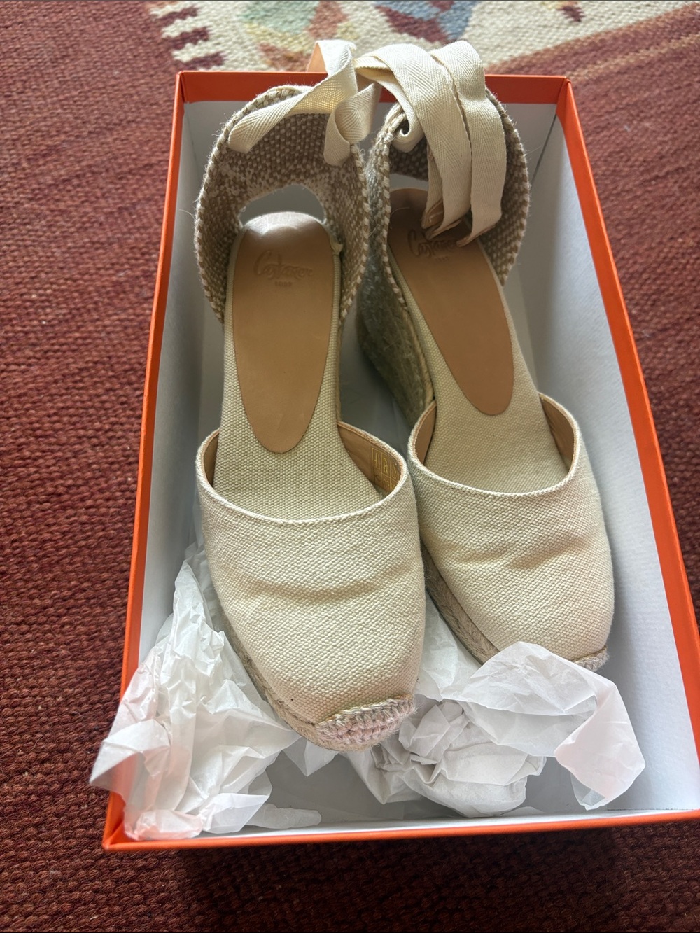 Castaner Cream Canvas Espadrille Wedge Sandals with Ankle Tie